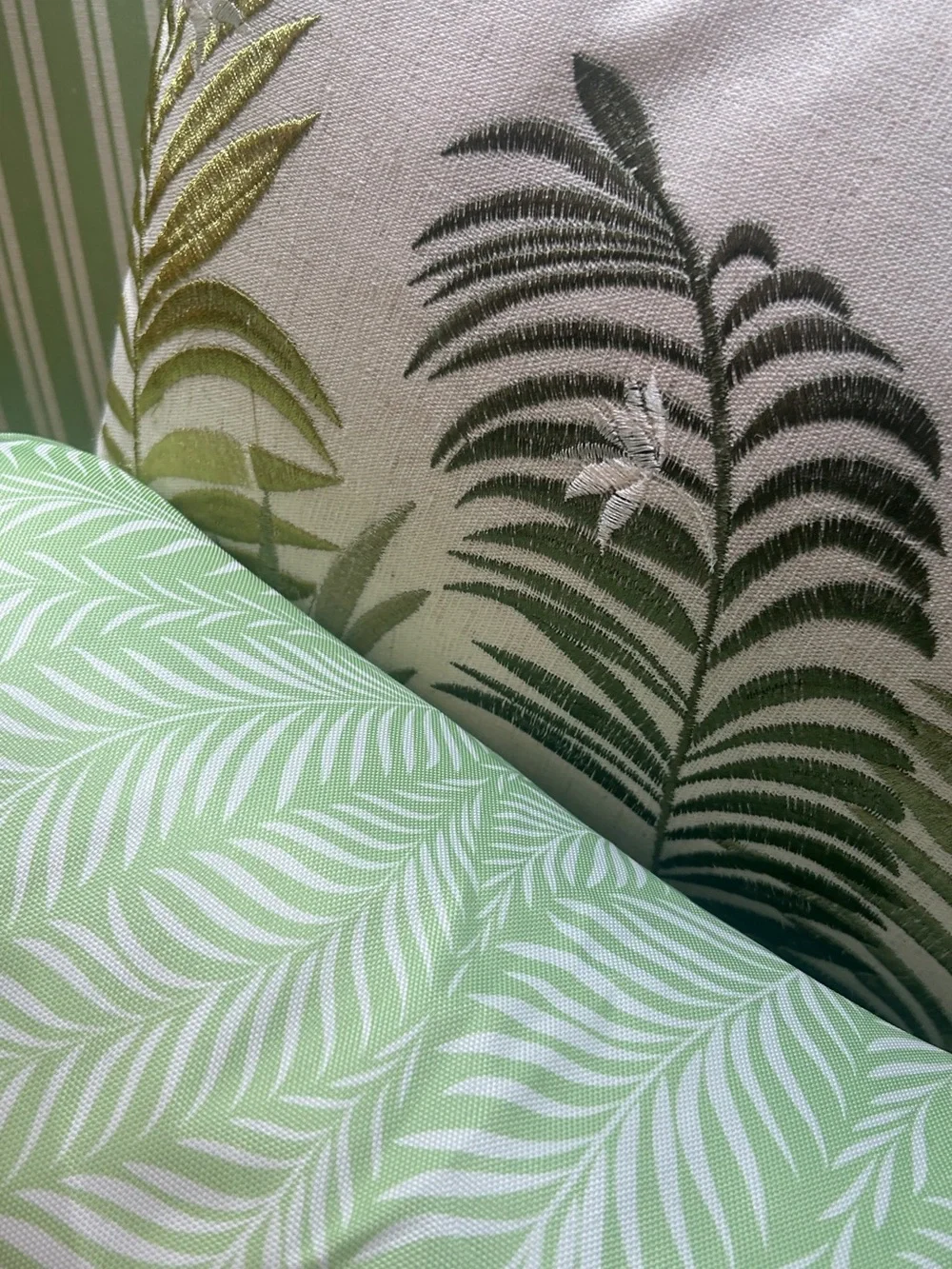 2 PC Ferns in Green + White Outdoor Bolster Pillow + Embroidered Palm Pillow NEW